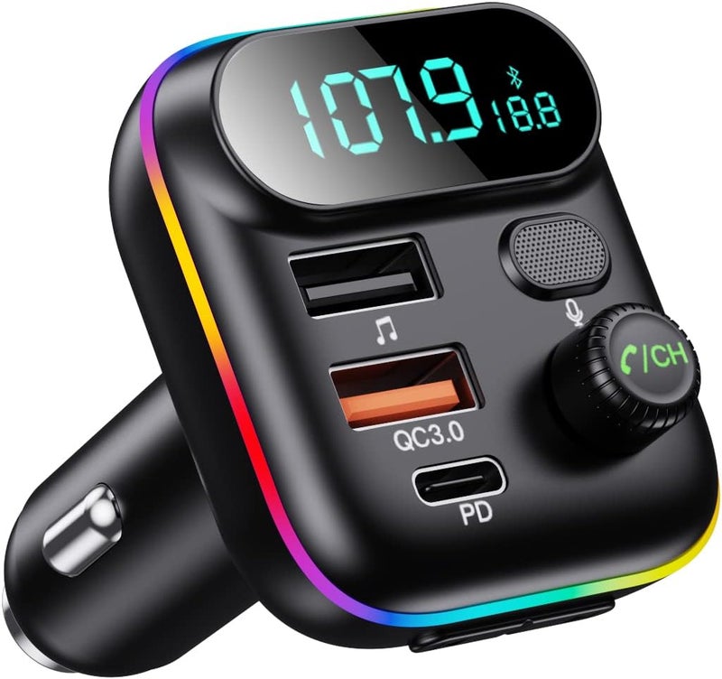 Sanxup Bluetooth Adapter for Car, Wireless FM Radio Transmitter, Wireless Bluetooth 5.0, MP3 Music Player, QC3.0 + PD 20W USB Car Charger, 7 Colors LED Backlit - Image 1